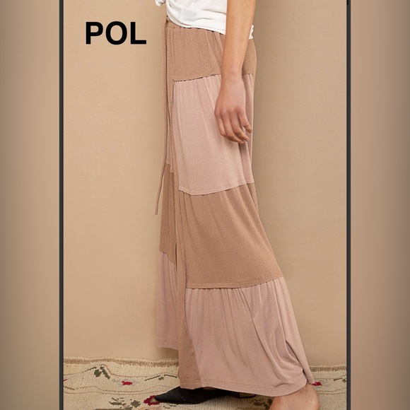 BPB224-9🤎POL perfection in  Two-Tone Tiered wide leg soft pants in tan+taupe! - Picture 4 of 6
